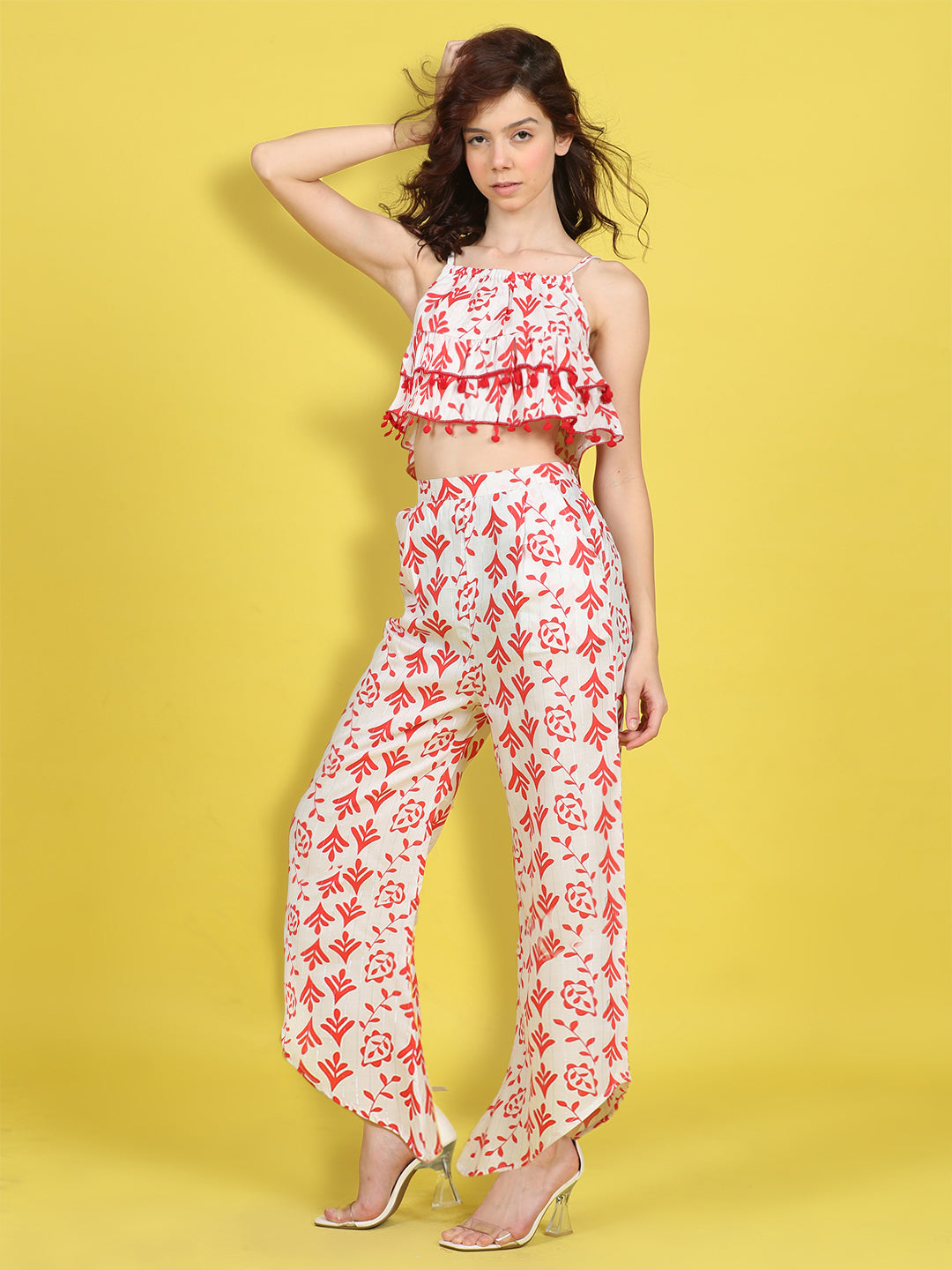 Cutiekins Girls Trendy Bold Style Printed Top & Palazzo Co-ord Set -White & Red
