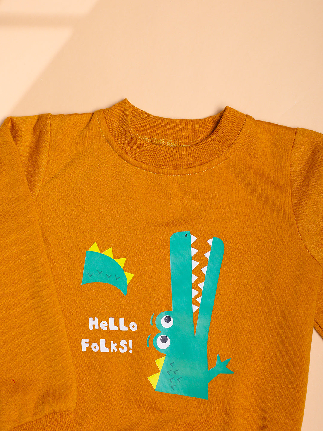Cutiekins Boys Cocodile Graphic Print Winter Sweatshirt -Mustard & Sea Green