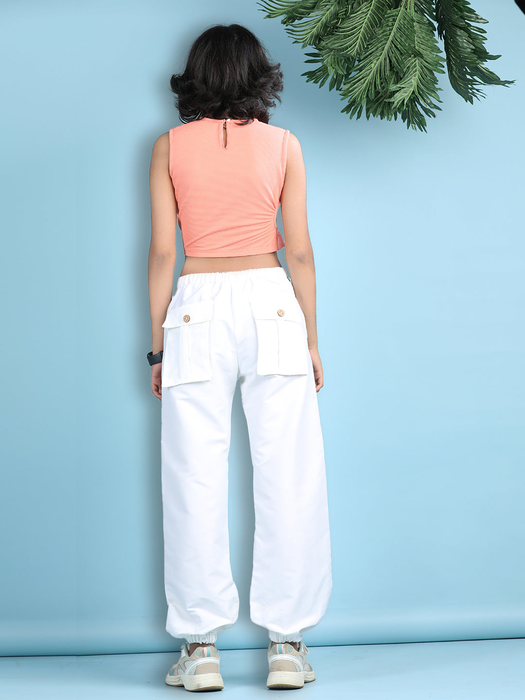 Cutiekins Girls Solid Embellished Top with Solid Cargo -Peach & White