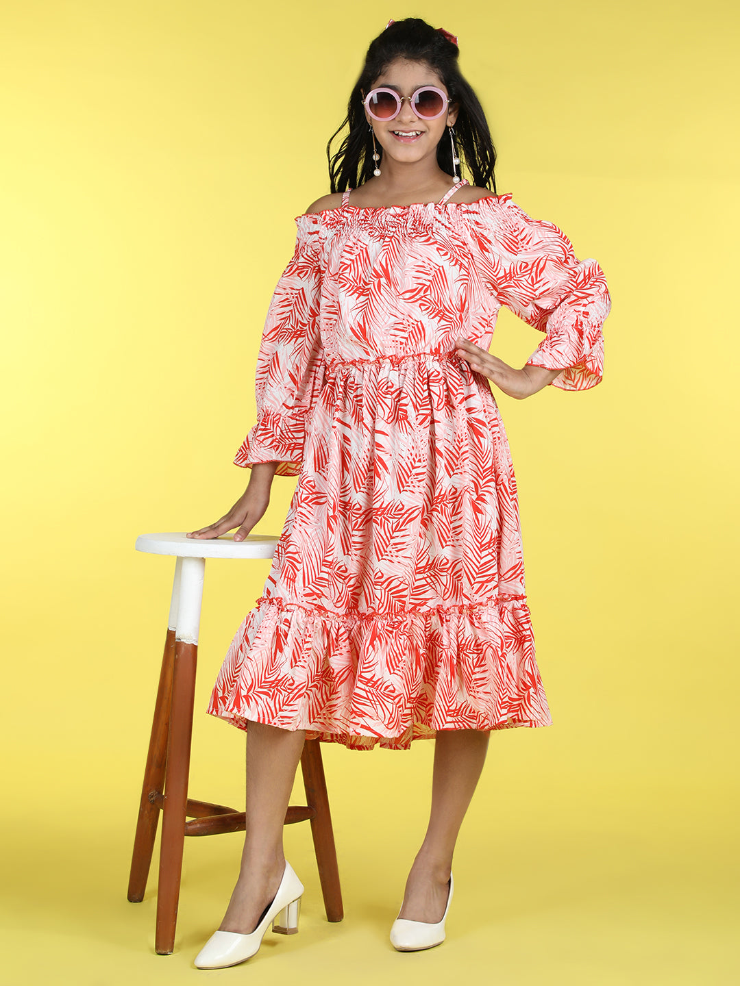 Cutiekins Shoulder Straps Printed Flared Dress-Pink & Red