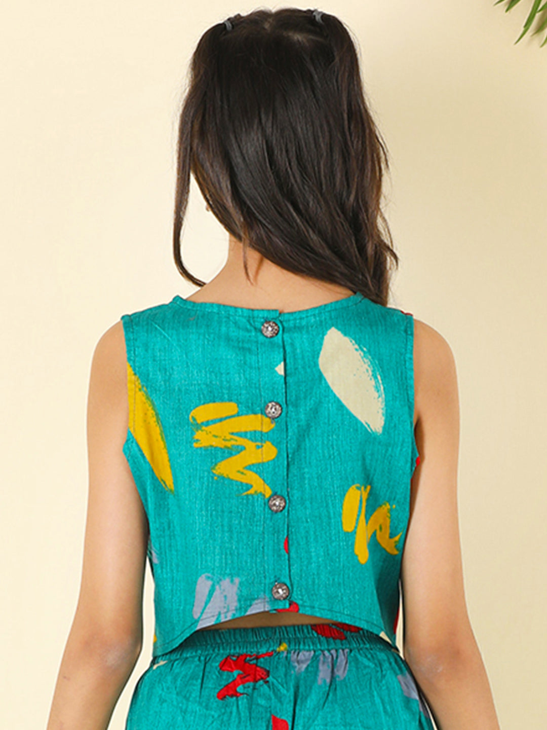 Cutiekins Girls Cotton Round Neck Printed Crop Top -Rama Green & Yellow