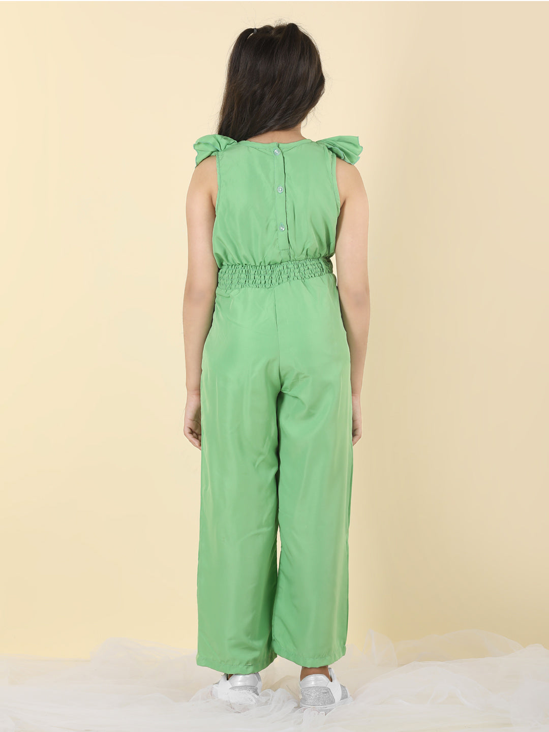 Cutiekins Girls V-Neck Solid Embellished Jumpsuit -Green