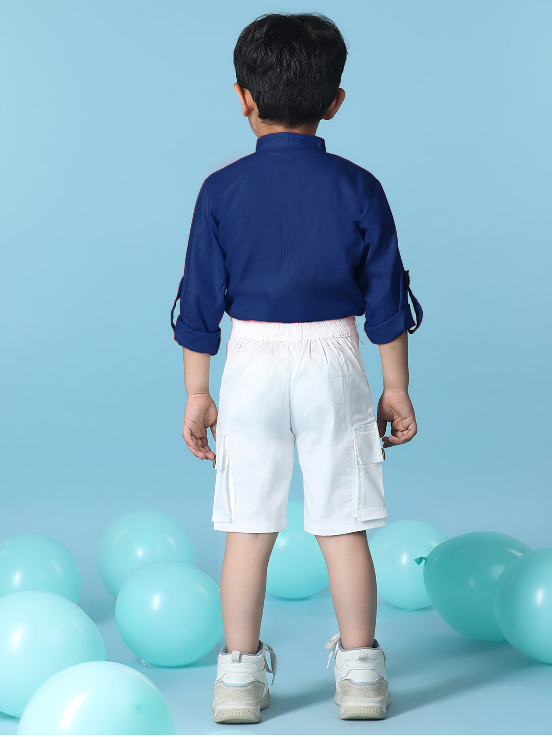 Cutiekins Boys Solid Rayon Shirt with Solid Lycra Cargo Shorts -Teal Blue & White