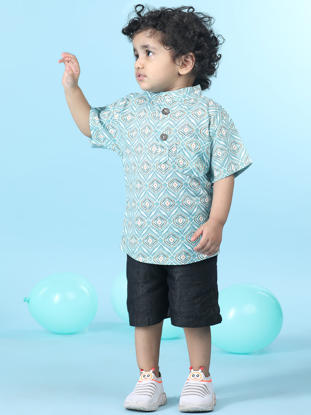 Cutiekins Boys Printed T-Shirt With Solid Denim Short -Turquoise Blue & Black