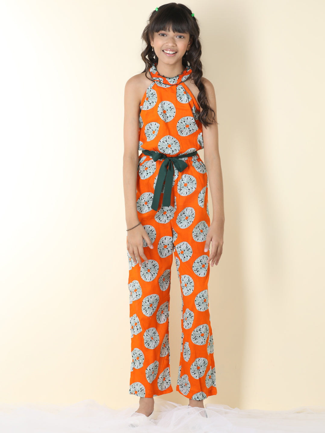Cutiekins Girls Halter Neck Floral Print Jumpsuit -Orange & Off White