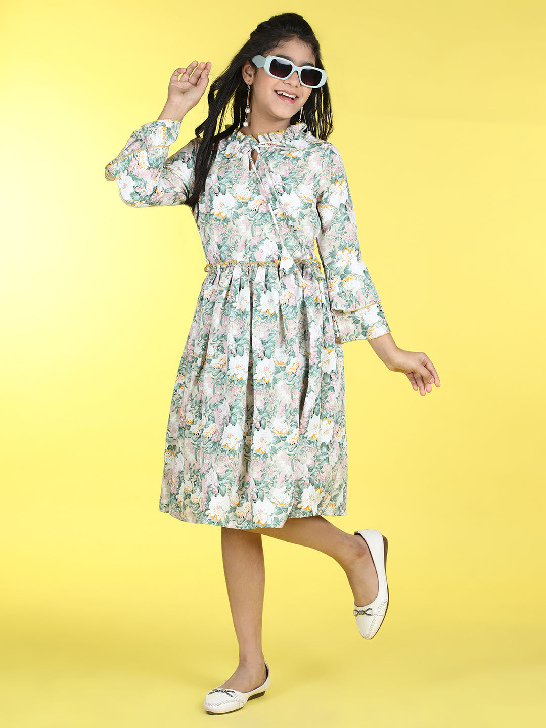 Cutiekins Mandarin Collar Printed Flared Dress-Light Green & Baige