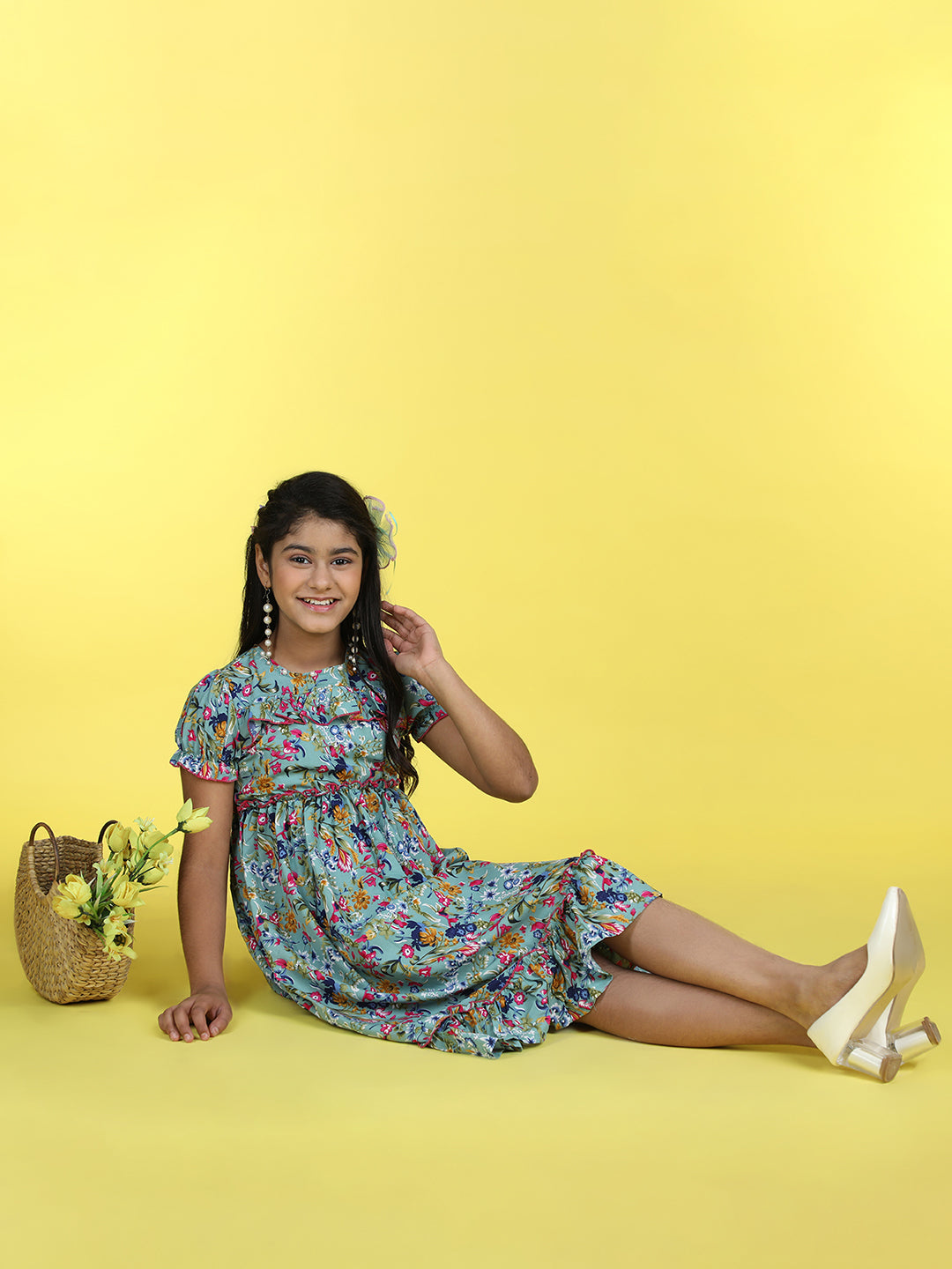 Cutiekins Round Neck Printed Flared Dress-Sea Green & Pink