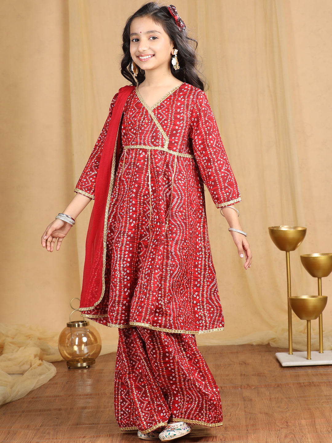 Cutiekins Girls Bandhani Print Angrakha Kurta and Sharara with Dupatta -Maroon & Off White