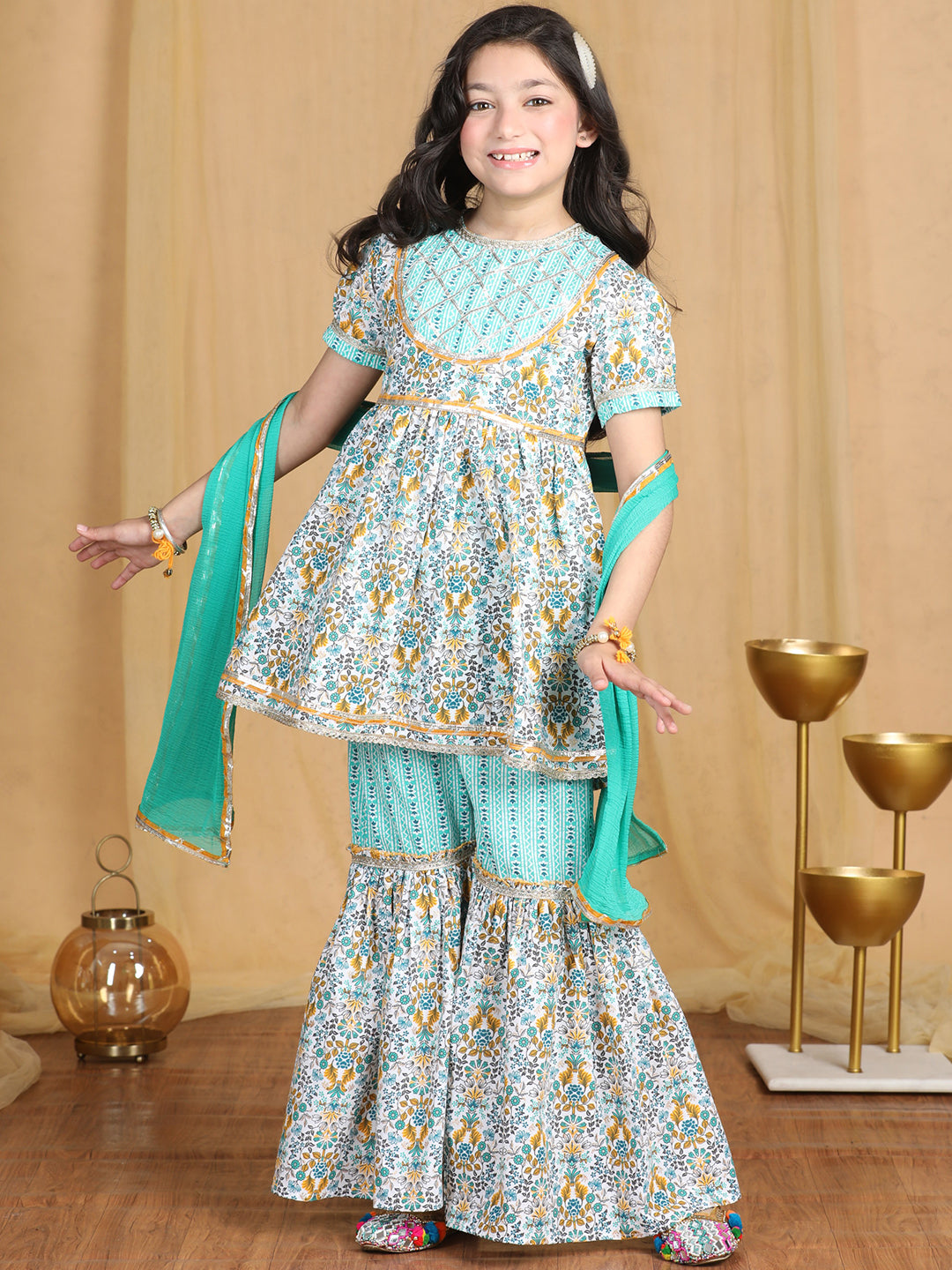 Cutiekins Girls Floral Print Sleeveless Kurta and Sharara with Dupatta -Off White & Green