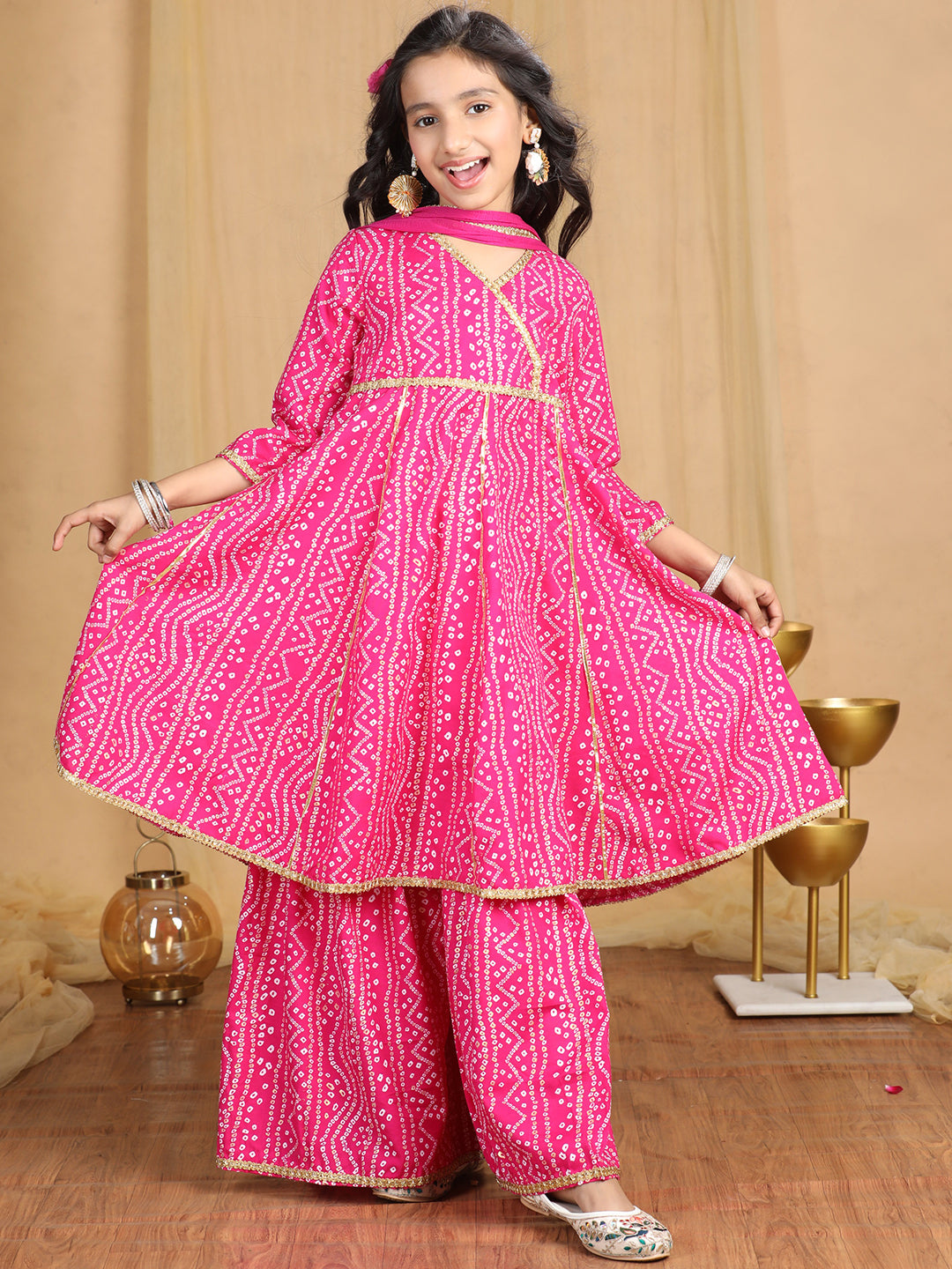 Cutiekins Girls Bandhani Print Angrakha Kurta and Sharara with Dupatta -Magenta & Off White