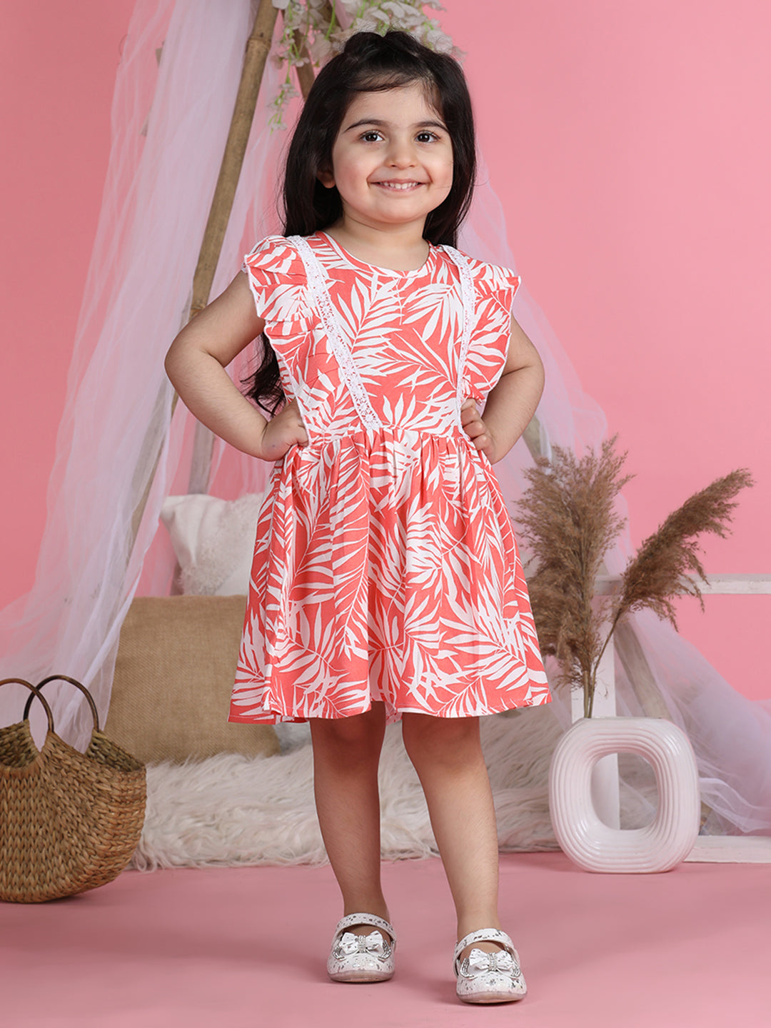 Cutiekins Round Neck Printed Flared Dress-Peach & White