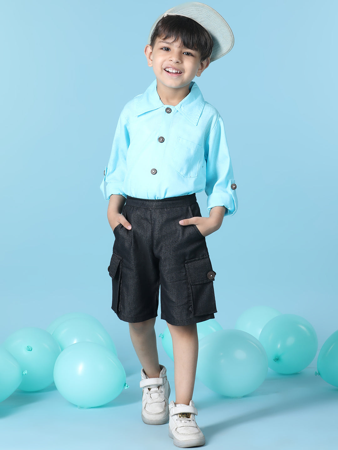 Cutiekins Boys Solid Shirt With Solid Denim Cargo Short -Sky Blue & Black