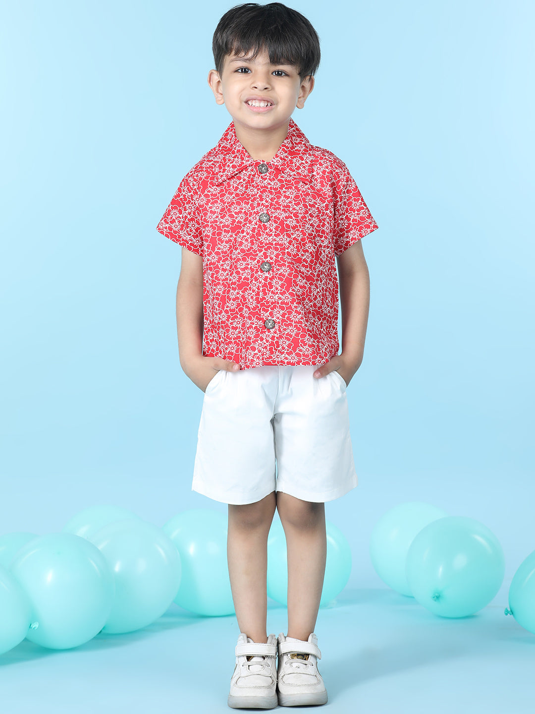 Cutiekins Boys Floral Print Shirt With Solid Lycra Short -Red & White