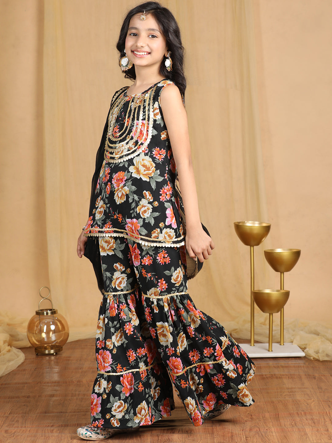 Cutiekins Girls Floral Print Sequined Kurta and Sharara with Dupatta -Black & Gold