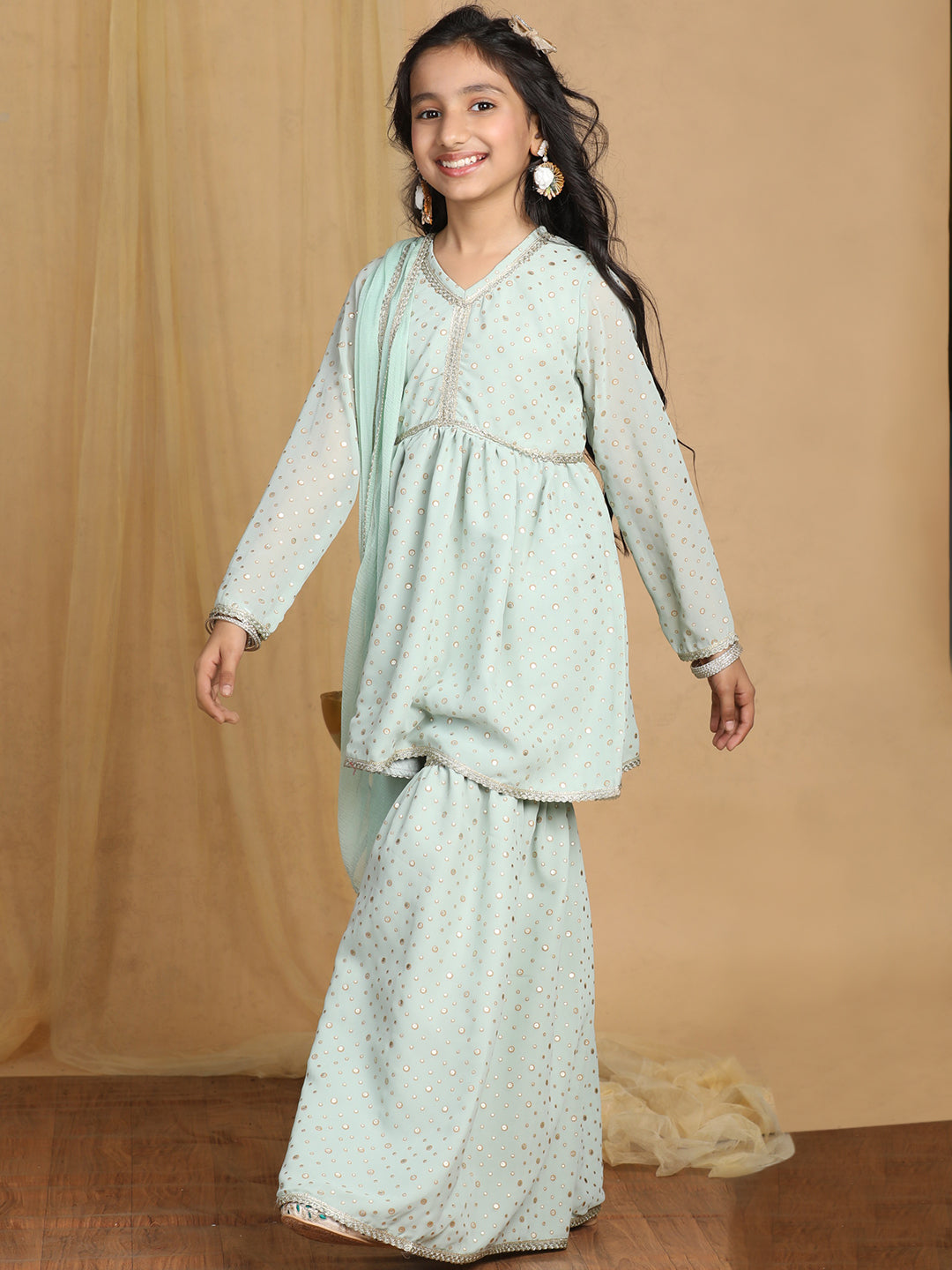 Cutiekins Girls Self Design Empire Kurta and Sharara with Dupatta -Pista Green & Gold