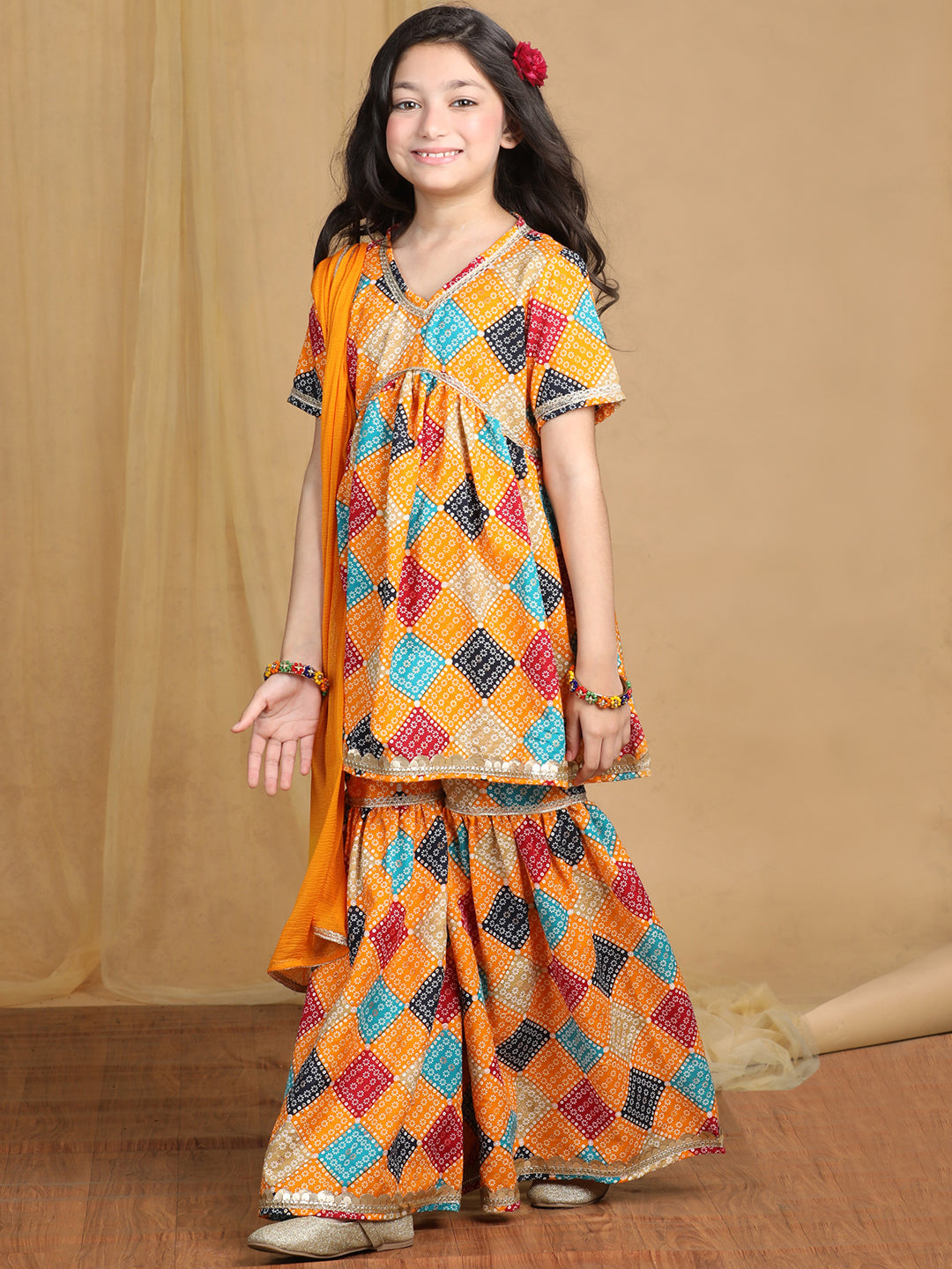 Cutiekins Girls Bandhani Print Empire Kurta and Sharara with Dupatta -Mustard & Multi