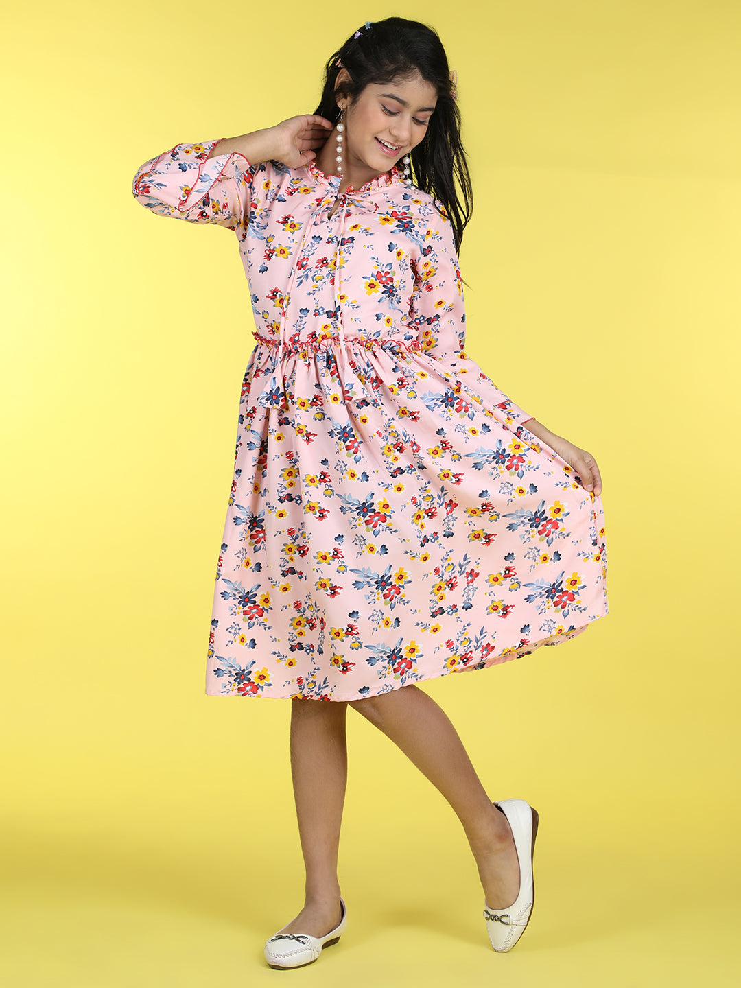 Cutiekins Mandarin Collar Printed Flared Dress-Peach & Grey