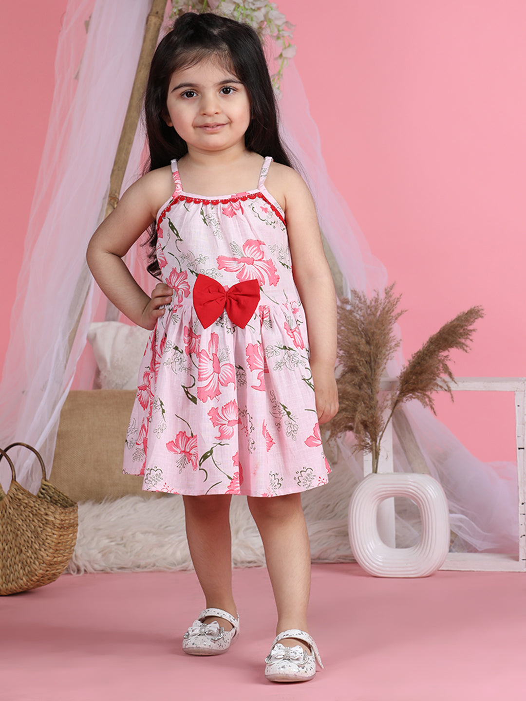 Cutiekins Shoulder Straps Printed Flared Dress-Light Pink & Red
