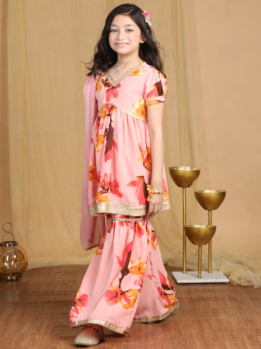 Cutiekins Girls Floral Print Embroidered Gotta Patti Kurta and Sharara with Dupatta -Peach & Gold