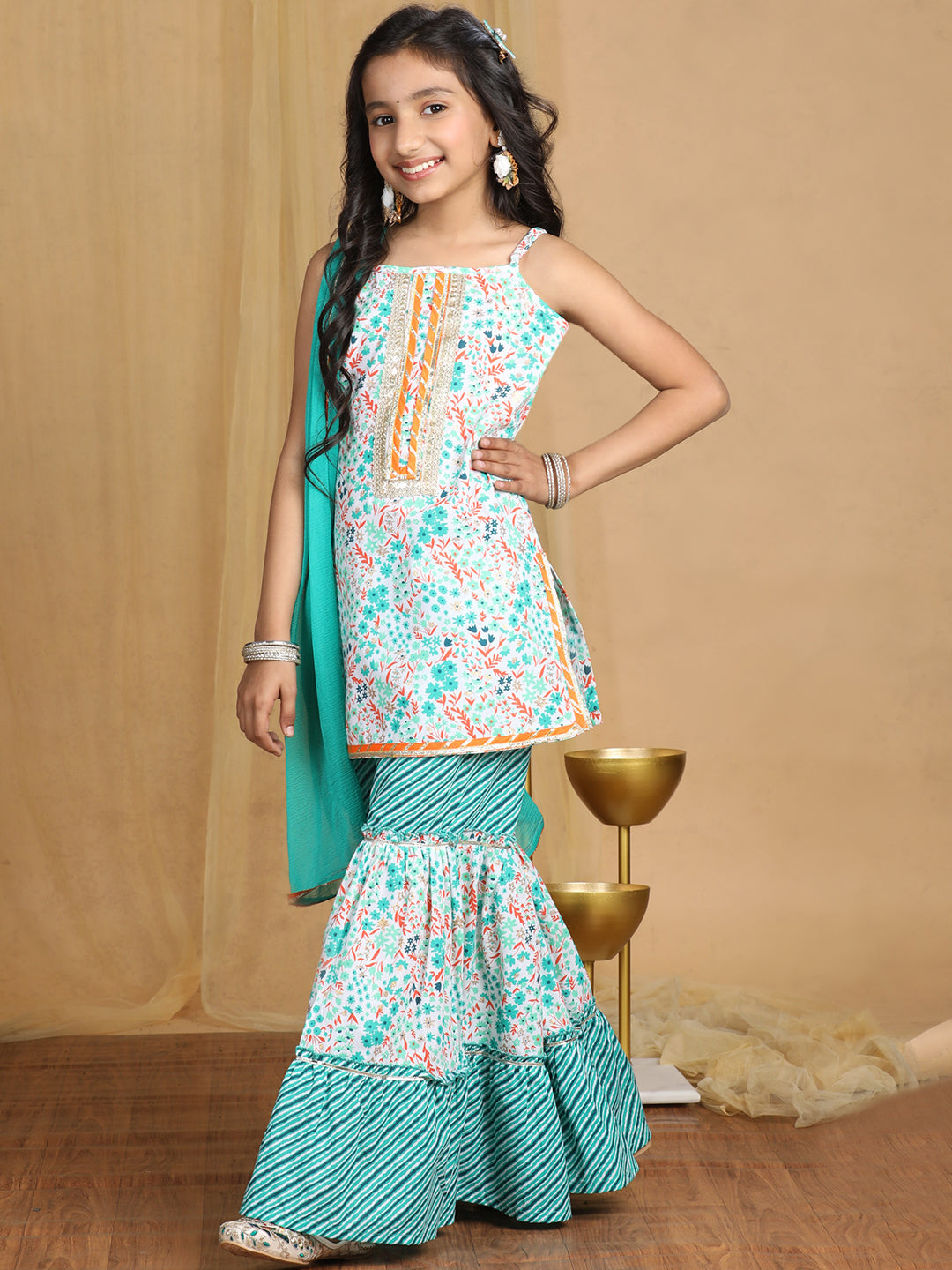 Cutiekins Girls floral Print Empire Kurta and Sharara with Dupatta -Off White & Rama Green