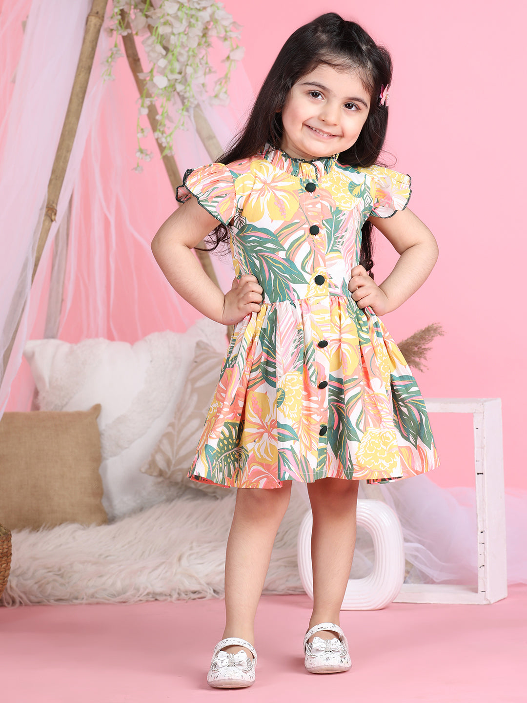 Cutiekins Mandarin Collar Printed Flared Dress-Multicolour