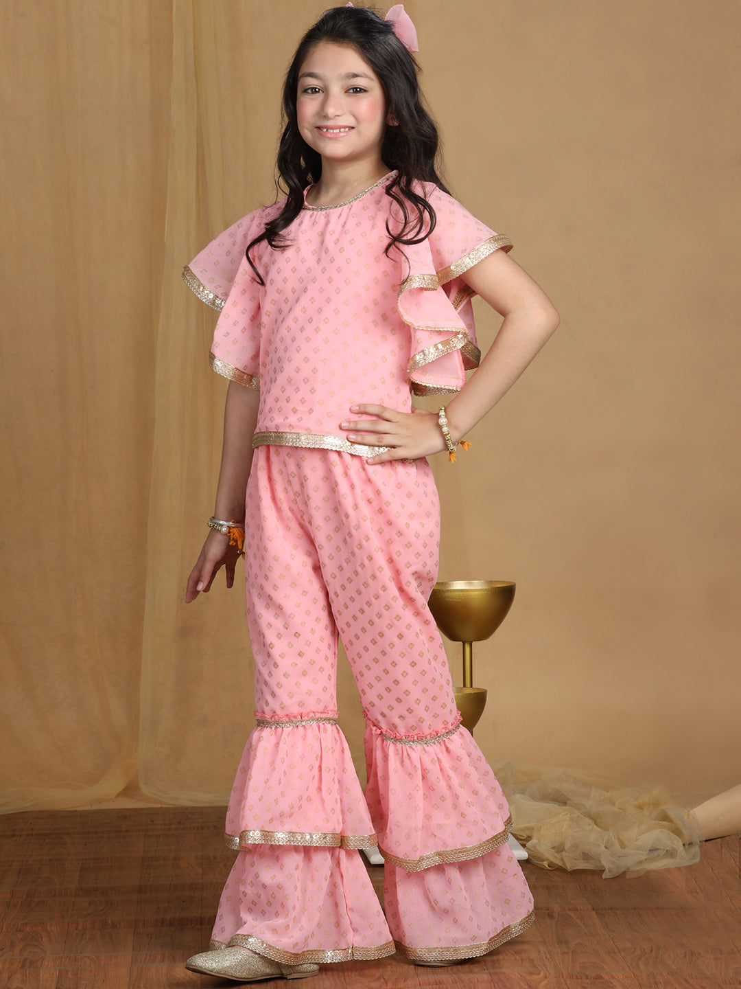 Cutiekins Girls Embroidered and Self Design A-line Kurta and Sharara -Pink & Gold