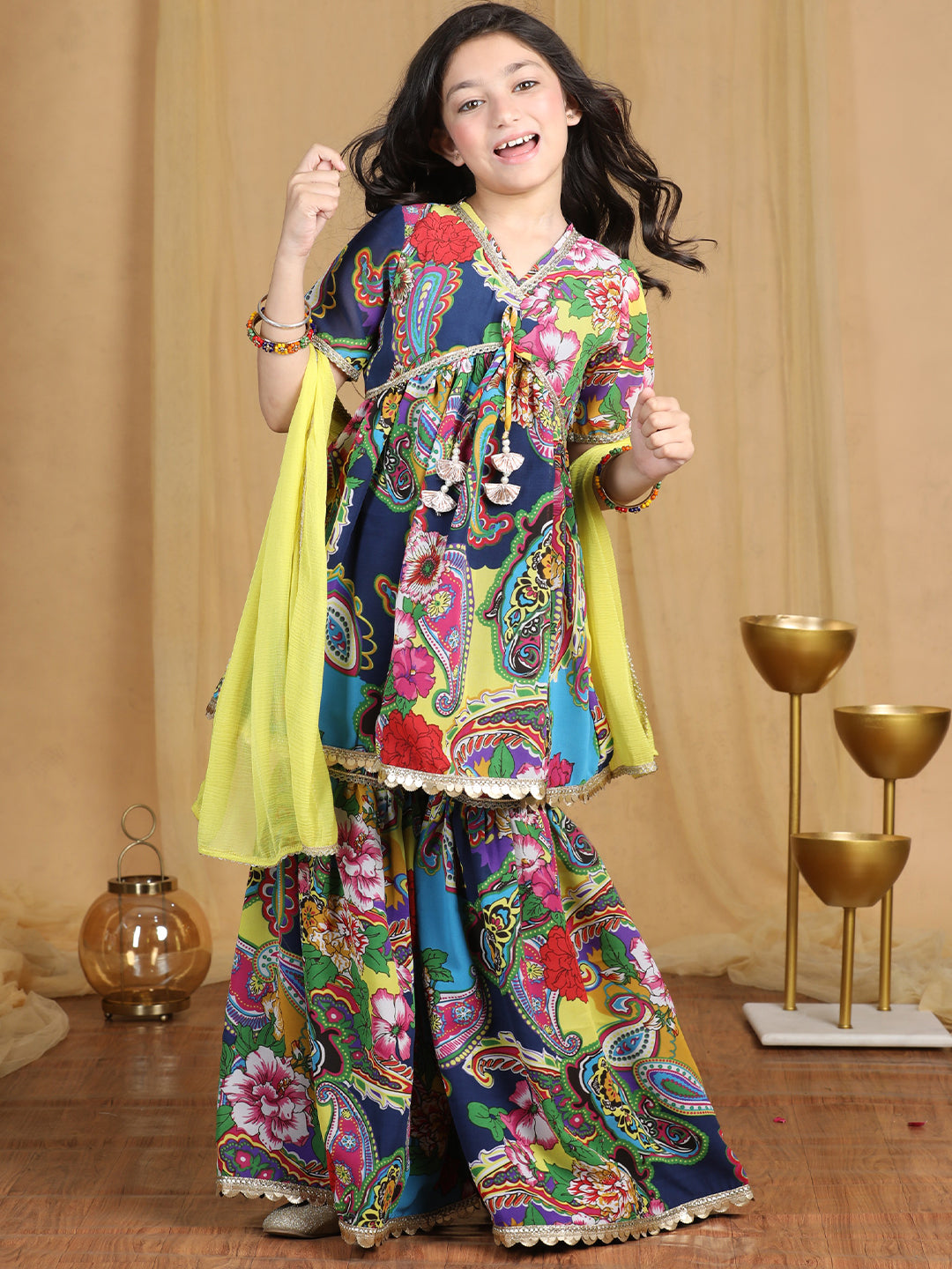 Cutiekins Girls Paisley Print Embroidered Kurta and Sharara with Dupatta -Navy Blue & Multi
