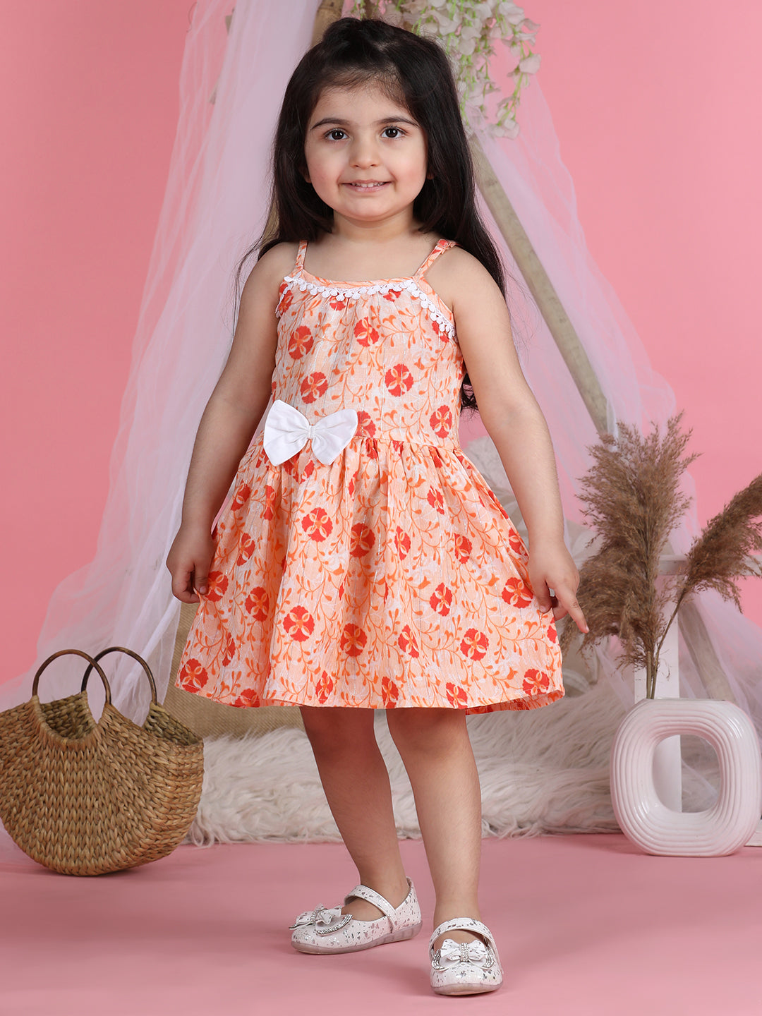 Cutiekins Shoulder Straps Printed Flared Dress-Orange & White