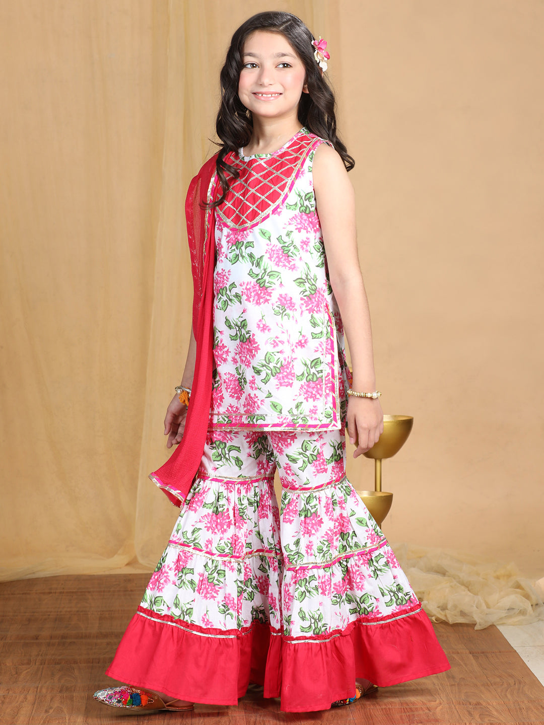 Cutiekins Girls Floral Print Empire Kurta and Sharara with Dupatta -White & Onion Pink