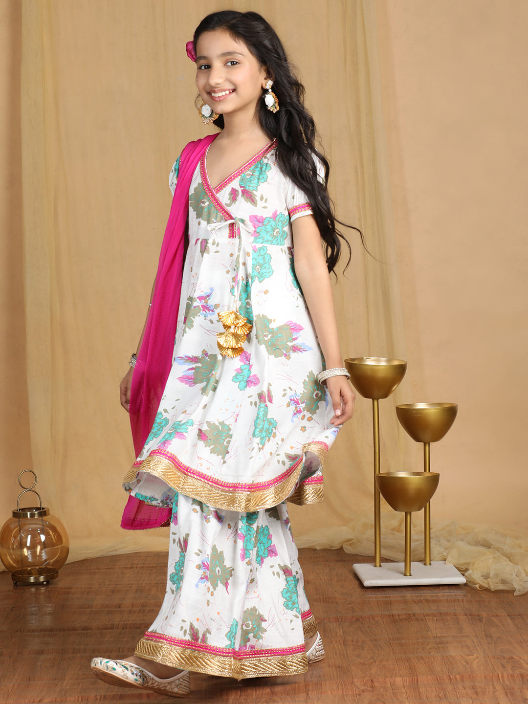 Cutiekins Girls Floral Print Angrakha Kurta & Sharara with Solid Dupatta -Off White & Rama Green