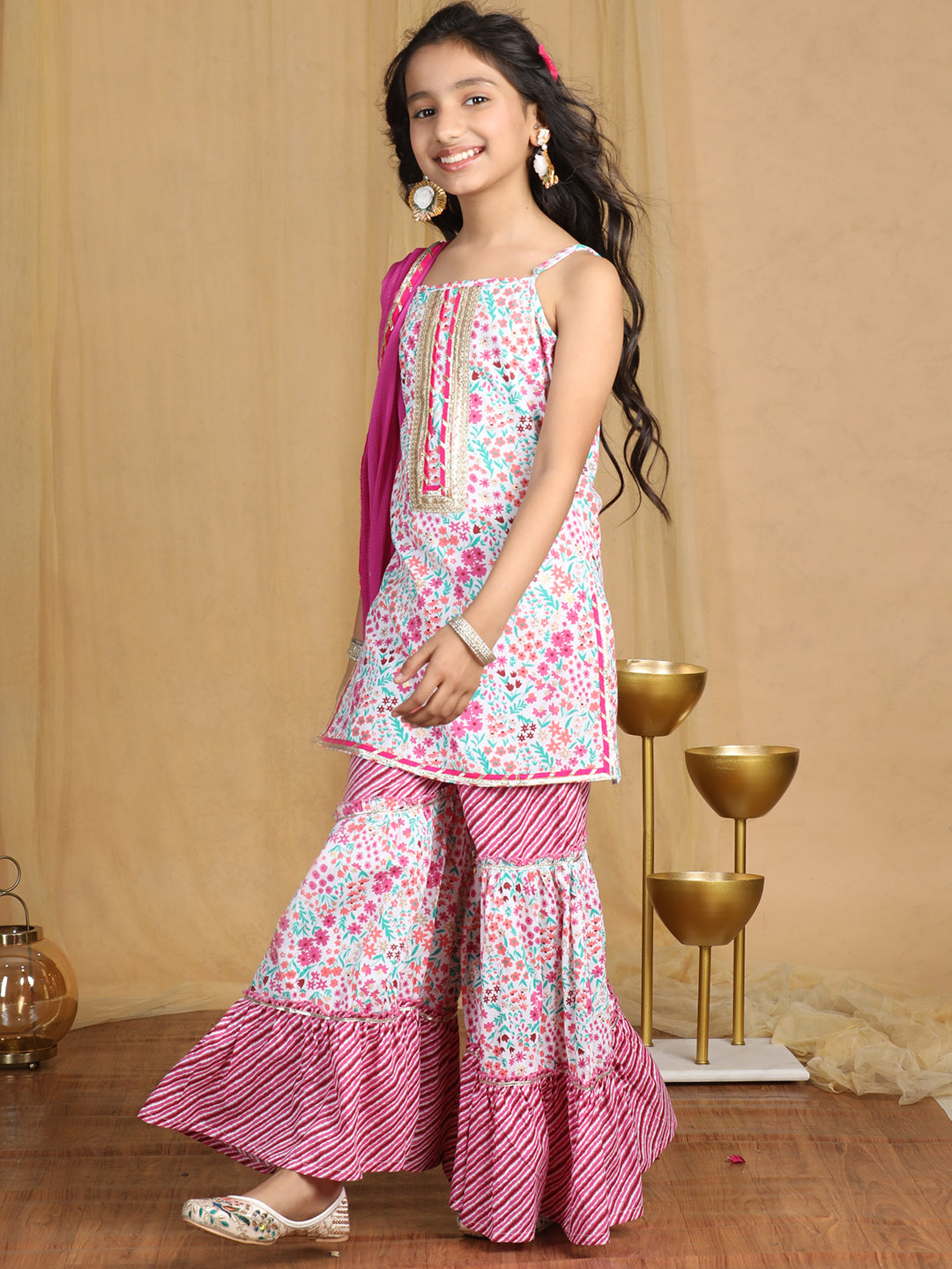 Cutiekins Girls floral Print Empire Kurta and Sharara with Dupatta -Off White & Coral Pink
