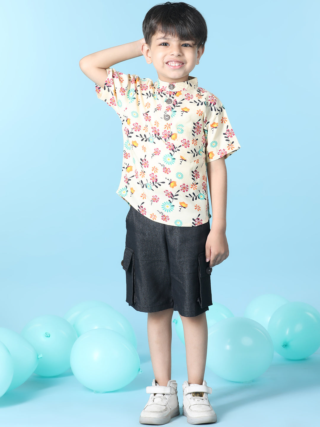 Cutiekins Boys Floral Print T-Shirt With Solid Denim Cargo Short -White & Black