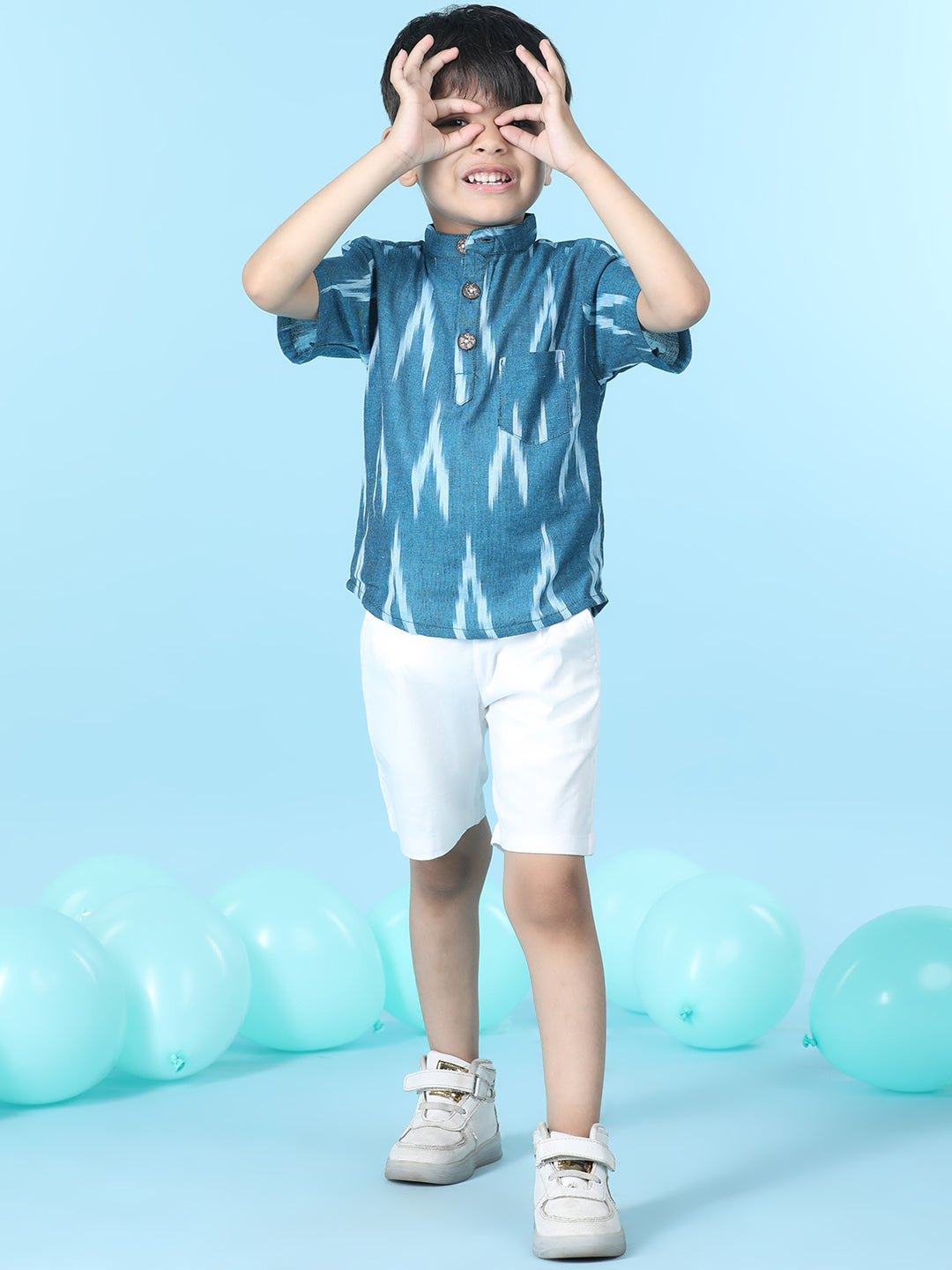 Cutiekins Boys Abstract Print T-Shirt With Solid Lycra Short -Ocean Blue & White