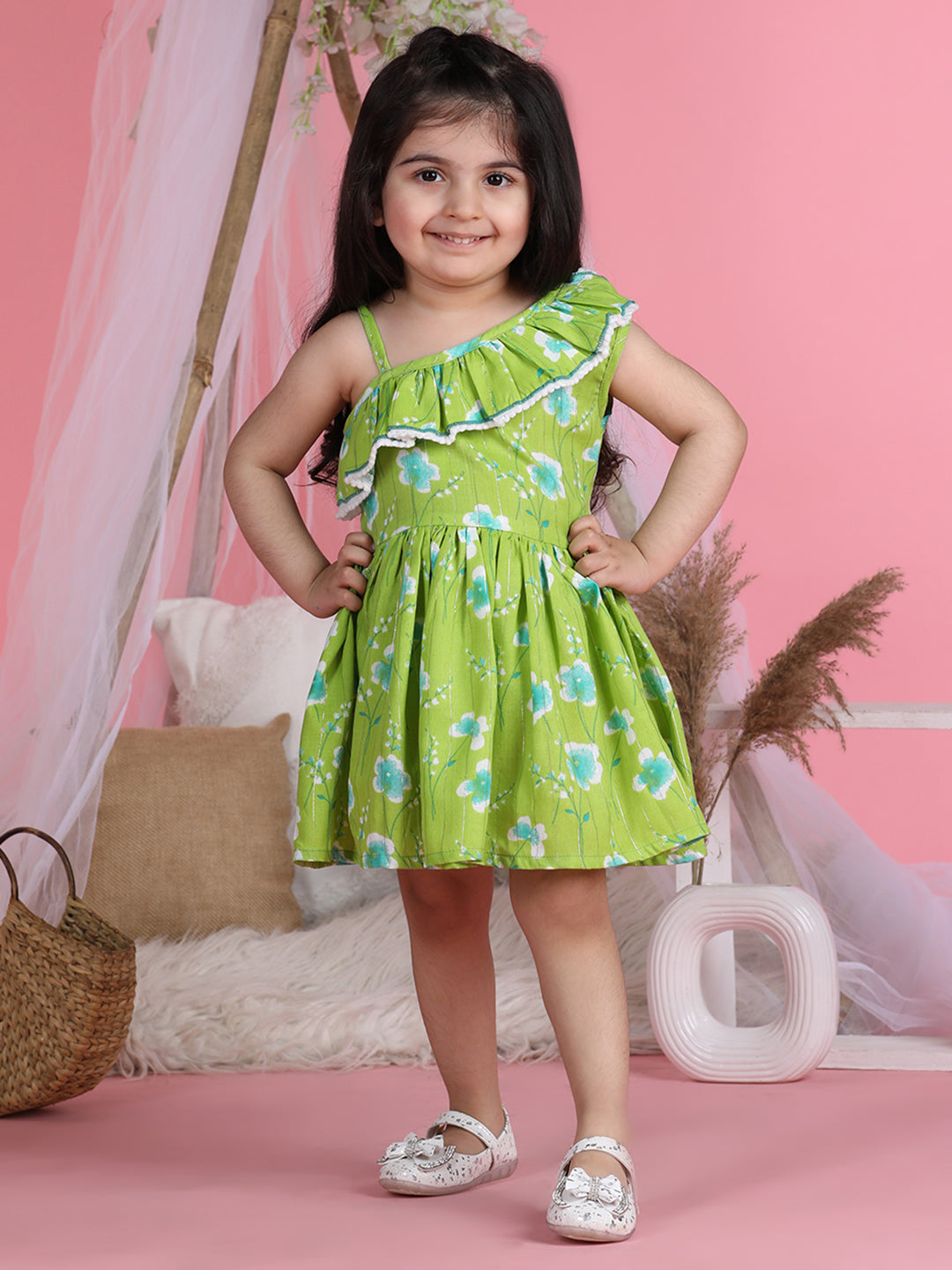 Cutiekins One Shoulder Printed Flared Dress-Green & White