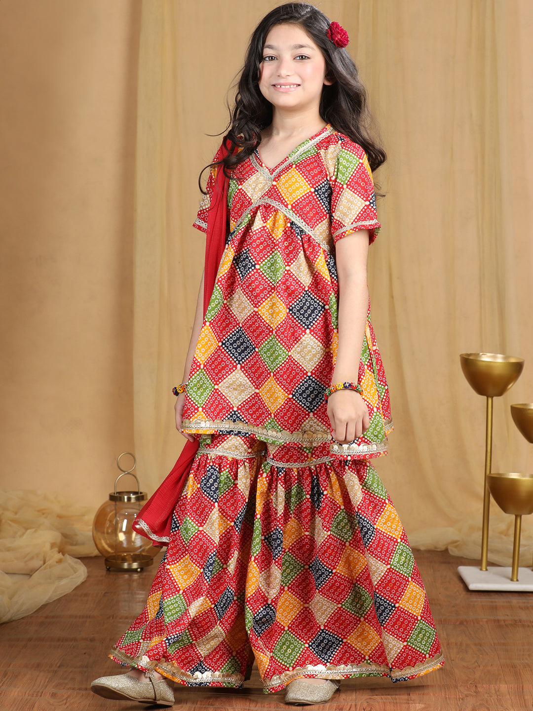 Cutiekins Girls Bandhani Print Empire Kurta and Sharara with Dupatta -Red & Multi