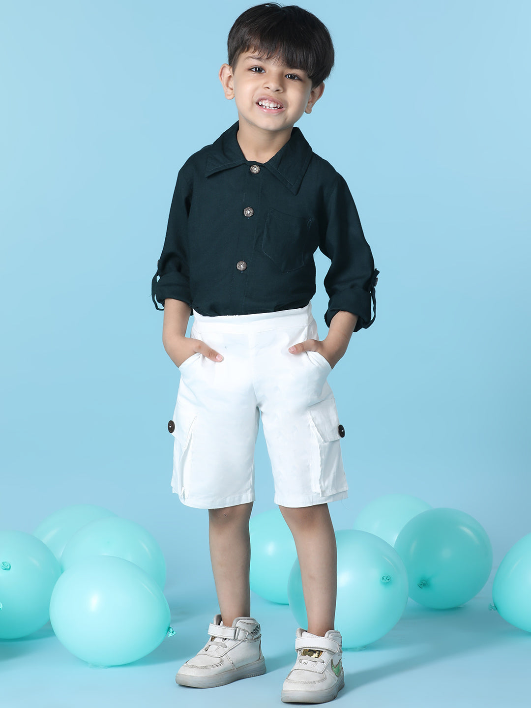 Cutiekins Boys Solid Shirt With Solid Lycra Cargo Short -Deep Green & White