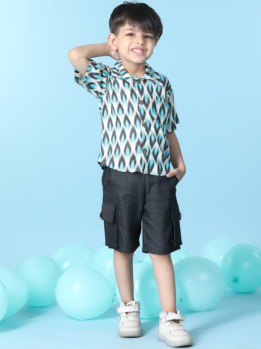 Cutiekins Boys Abstract Print Shirt With Solid Denim Cargo Short -Off White & Black