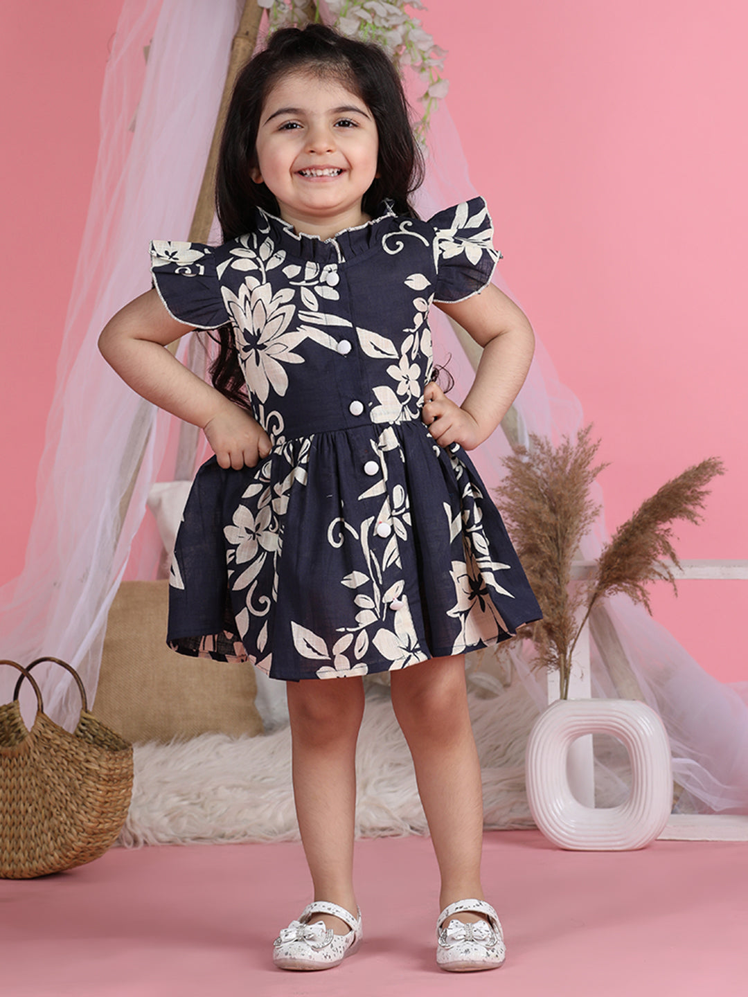 Cutiekins Mandarin Collar Printed Flared Dress-Navy Blue & Off White