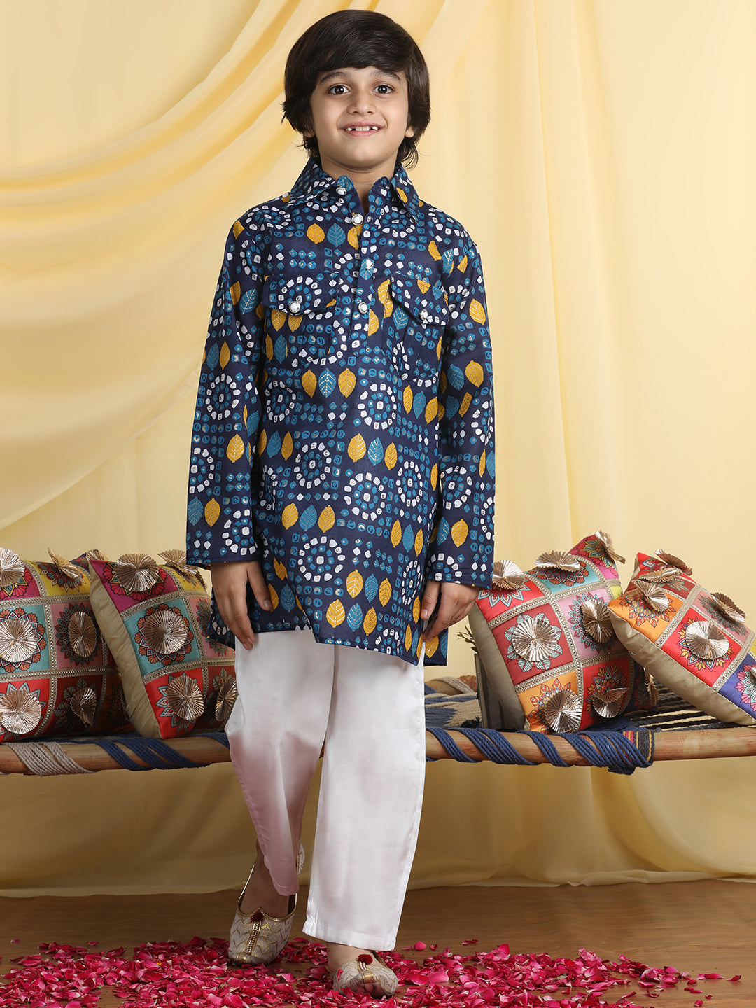 Cutiekins Boys Tropical Print Shirt Collar Kurta with Pajama -Dark Blue & White