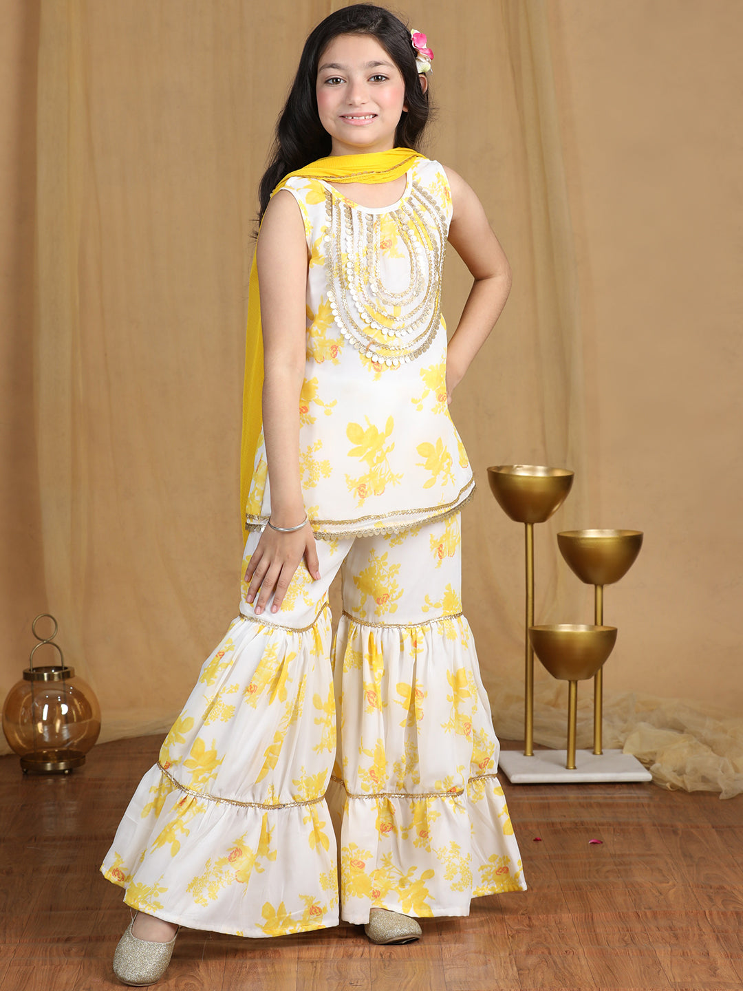 Cutiekins Girls Floral Print Sequined Kurta and Sharara with Dupatta -Off White & Gold