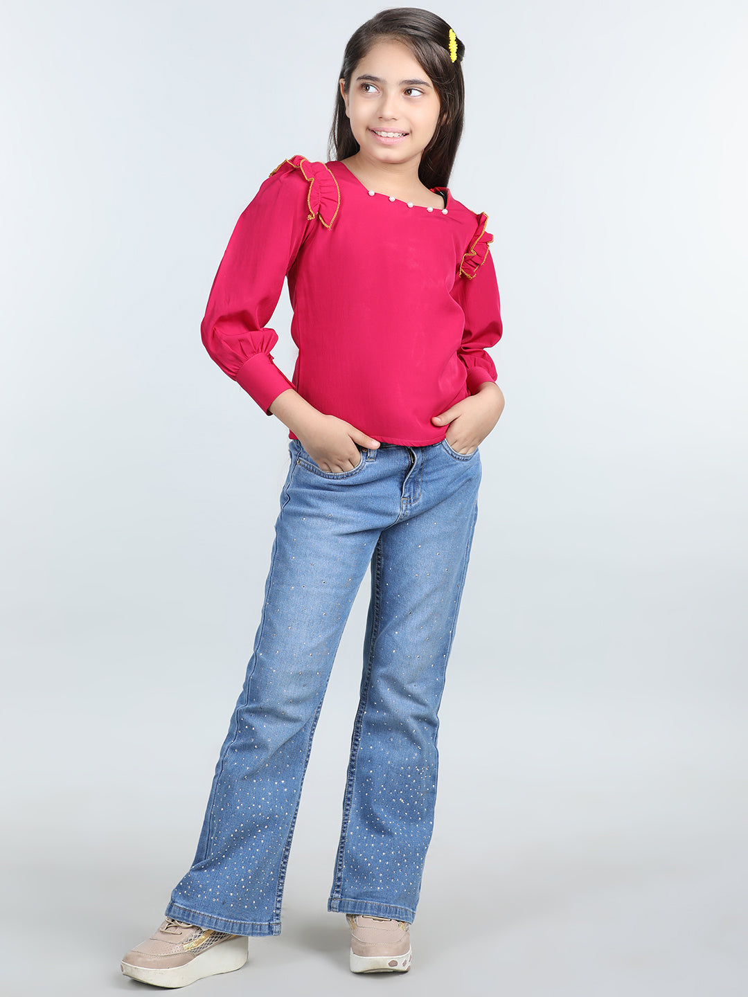 Cutiekins Solid Full Sleeves Polyester Tops-Pink & White