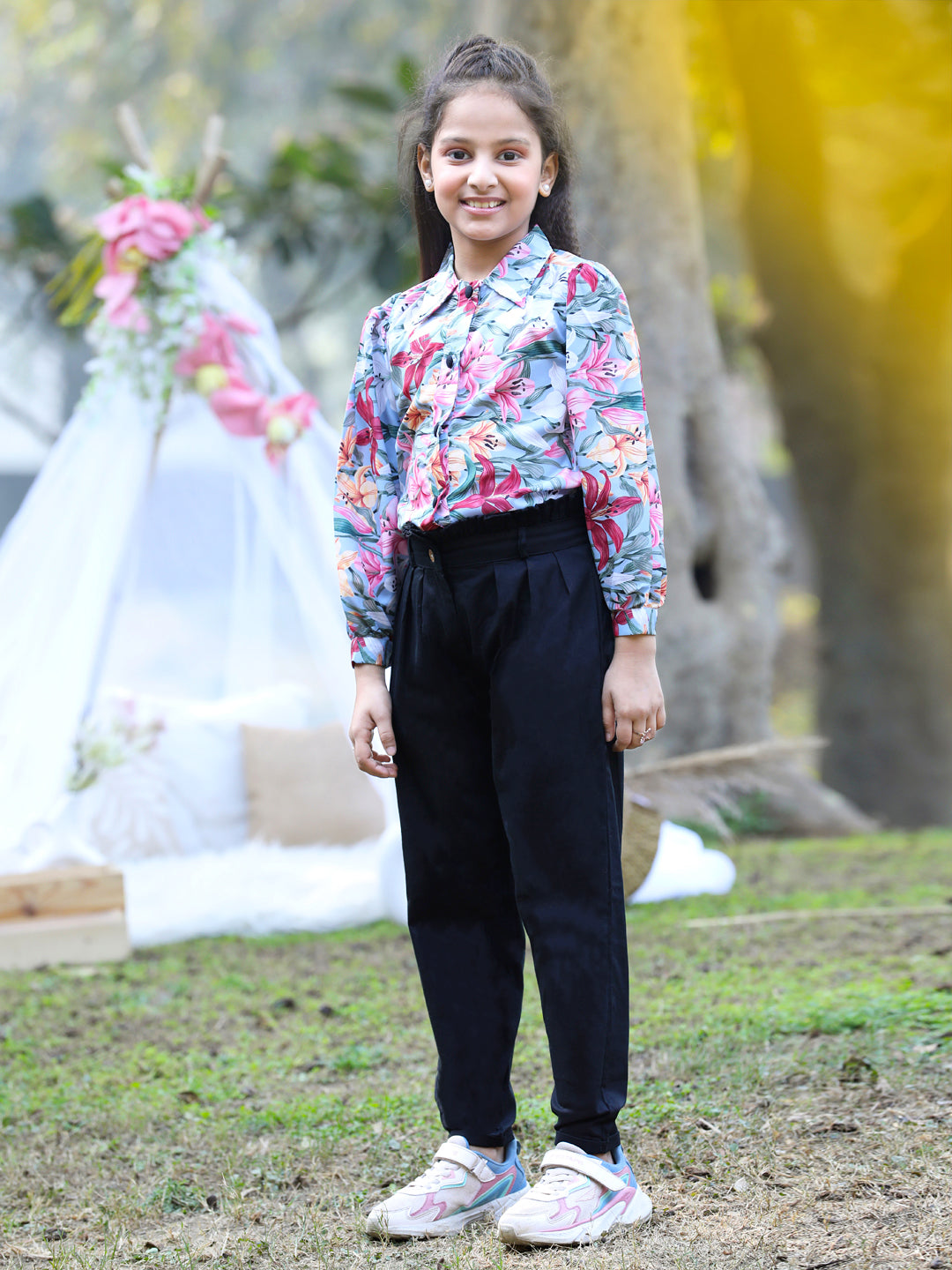 Cutiekins Collar Neck Foral Printed Regular Top & Trousers Set -Grey & Black