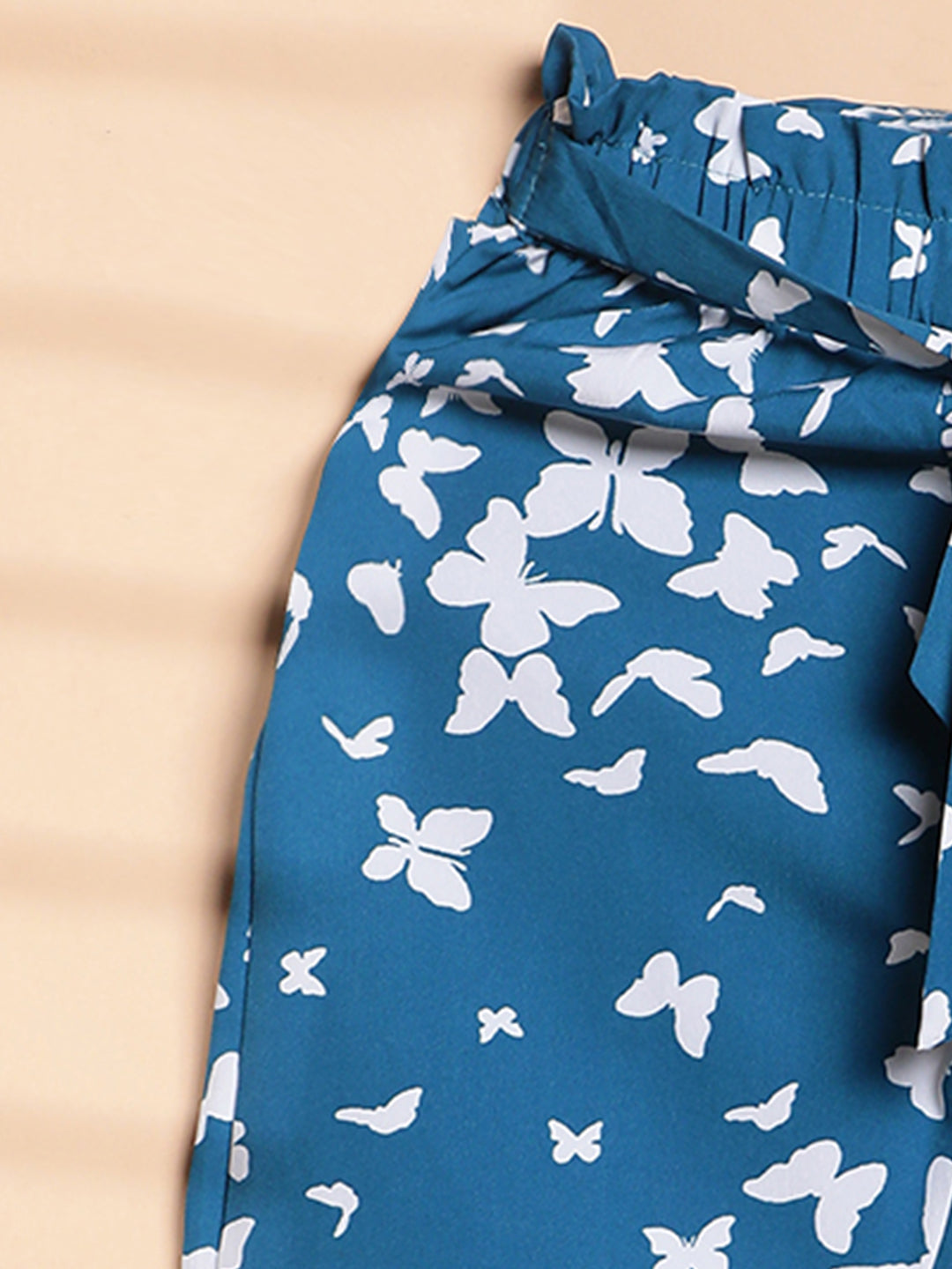 Cutiekins Girls Floral Print Palazzo with Blet -Teal blue & Off White