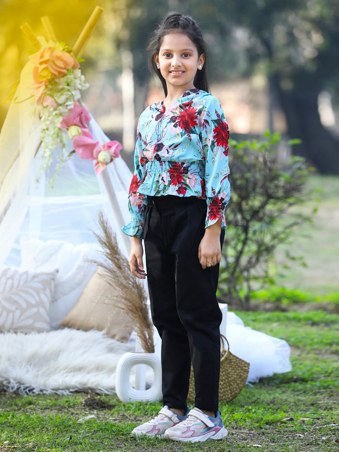 Cutiekins V Neck Foral Printed Crop Top & Trousers Set -Turquoise Blue & Black