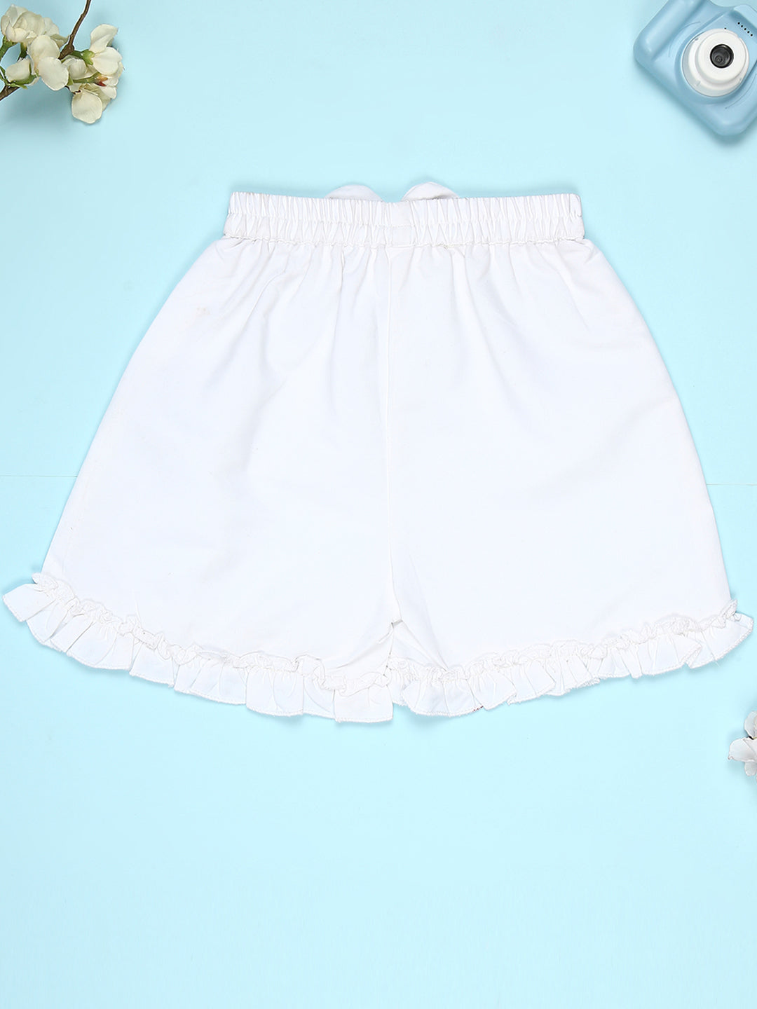 Cutiekins Girls Graphic Print T-Shirt with Solid Embellished Small Bow Shorts -Navy Blue & White