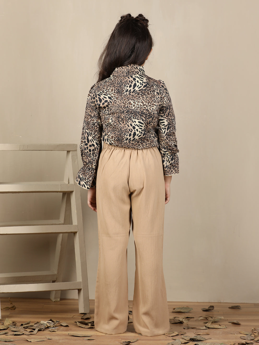 Cutiekins Girls Trendy Animal Print Top with Wide Leg Solid Pants Clothing Set - Brown & Beige