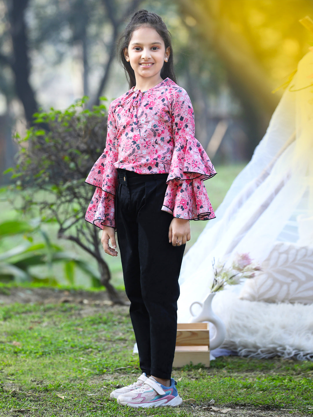 Cutiekins Front Knot Round Neck Foral Printed Regular Top & Trousers Set -Pink & Black