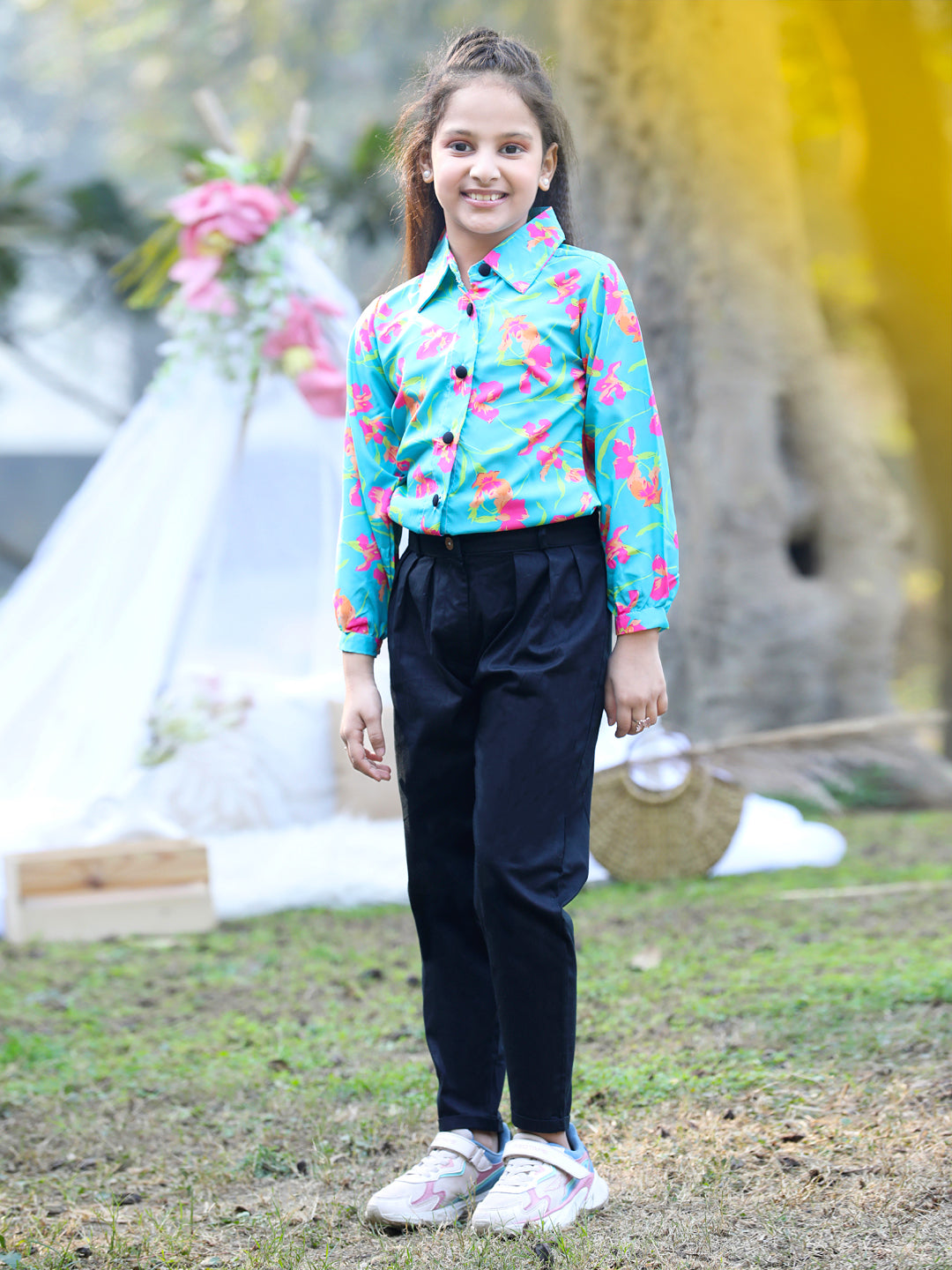 Cutiekins Collar Neck Foral Printed Regular Top & Trousers Set -Sea Green & Black