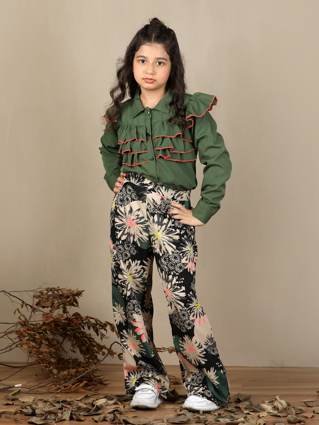 Cutiekins Girls Floral Print Top With Wide Leg Trouser Co-Ord Set - Green & Black