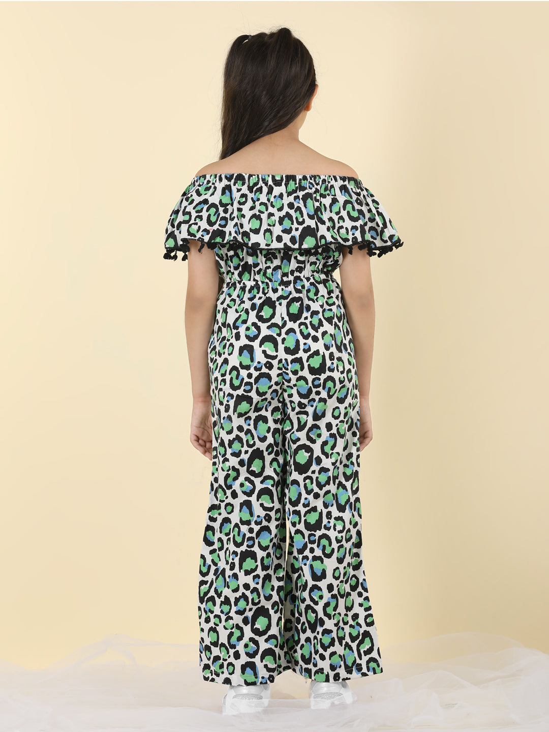Cutiekins Girls Off Shoulder Abstract Print Jumpsuit -Off White & Green